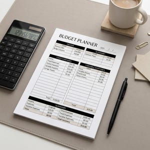 May include: A budget planner with the title "Budget Planner" is displayed on a desk. A calculator, a cup of coffee, a pen, and paperclips are also on the desk. The planner has sections for income and expenses.