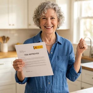 May include: A smiling person holds a document labeled "VISA APPROVED" with the Spanish flag. The person wears a blue shirt and a silver necklace. A map of Spain and a notebook are on the wooden surface.