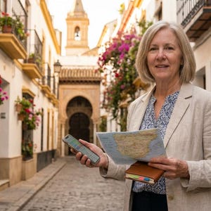 May include: A woman holding a smartphone, a map, and a small notebook stands on a cobblestone street. The background features a European-style building with flower-filled window boxes and a distant church tower.