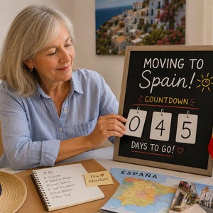 May include: A woman is holding a countdown sign that reads "MOVING TO Spain!" with "045 DAYS TO GO!" written below. The scene includes moving boxes, a straw hat, a Spanish flag, and a mug with Spanish text.