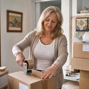 May include: A woman is sealing a cardboard box with packing tape. Several other boxes are stacked nearby, suggesting a packing or shipping process. The scene takes place indoors, with a neutral background and natural light.