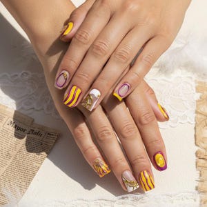 May include: Close-up of manicured nails with a vibrant design. The nails feature a combination of yellow, purple, and gold accents. Some nails have striped patterns, while others showcase intricate gold embellishments and oval designs. The overall aesthetic is artistic and eye-catching.