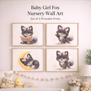 May include: Set of four framed nursery wall art prints. Each print features a watercolor illustration of a gray fox with a pink bow. The fox is depicted in various poses, including reading a book and sleeping on a crescent moon. The text "Baby Girl Fox Nursery Wall Art" is at the top.