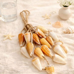 May include: A decorative seashell garland with various sizes and colors of seashells strung on a natural rope. The shells range in color from cream to orange and brown. The garland is displayed with starfish and a small vase.