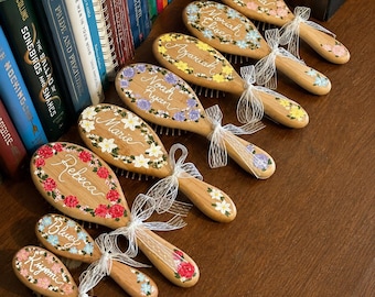 Personalized Hand-Painted Bamboo Hair Brush – Custom Floral Design Gift