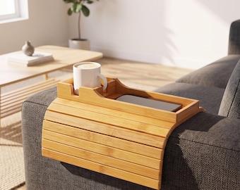 Sofa Arm Tray Table, Bamboo Couch Cup Holder, Foldable Armrest Organizer, Remote & Snack Holder, Living Room Decor, Housewarming Gift
