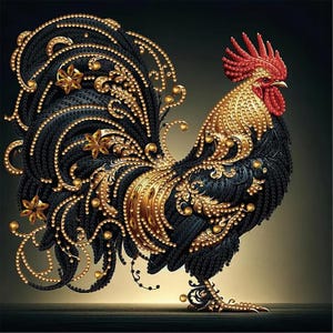 May include: A detailed illustration of a rooster with black and gold embellishments. The rooster features a red comb and wattle, with intricate patterns and gold accents throughout its body. The design has a luxurious and ornate appearance.