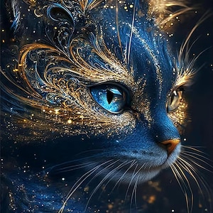 May include: A digital art portrait of a cat's face, rendered in shades of deep blue and gold. The cat's fur is detailed with swirling patterns and sparkling accents. The cat has striking blue eyes and long whiskers.