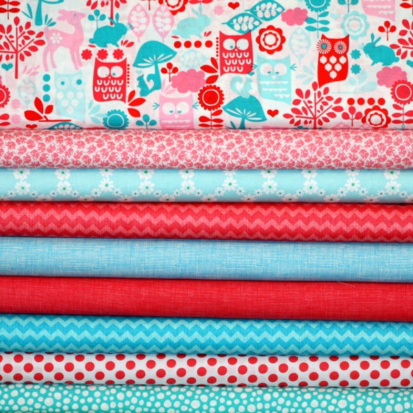 Fabric Bundle for quilt or craft Red Aqua fabric designer cotton 9 Fat Quarters