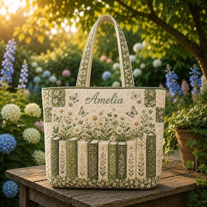 May include: A quilted tote bag featuring a cream and sage green color palette with an embroidered design of a row of books topped with daisies and butterflies. The name Amelia is embroidered in script on the upper center of the bag.