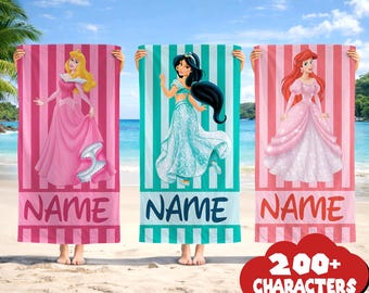 Custom Disneyland Princess Beach Towel, Disneyworld Princess Birthday Girl Towel, Summer Beach Trip, Princess Bath Towel, Girl Trip Summer