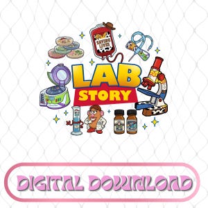 May include: A colorful graphic with the text "LAB STORY" and various lab-related illustrations. Includes a microscope, petri dishes, a centrifuge, and a blood bag with the text "SAVING LIVES". Also features a Mr. Potato Head character in a lab coat.
