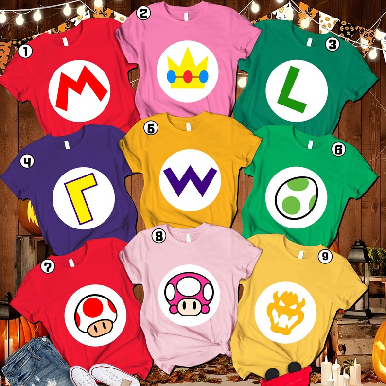 Super Mario Family Costume Shirt, Super Mario Halloween Costume T-Shirt, Mario Birthday Party Shirt, Mario Luigi Princess Peach Shirt image 2