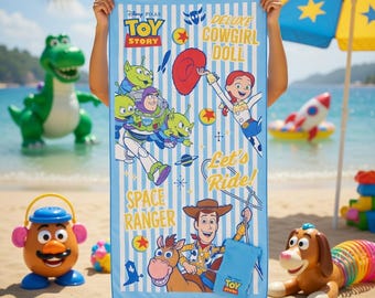 Personalized Toy Story Characters Beach Towel, Toy Story Movie Towel, Gift For Boy Or Girl, Magic Kingdom Bath Pool Towel, Family Trip Towel
