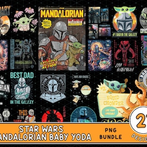 May include: A collection of 21 Star Wars-themed PNG designs featuring The Mandalorian and Baby Yoda. The designs include illustrations, comic book covers, and text elements such as "Best Dad" and "This is the Way."