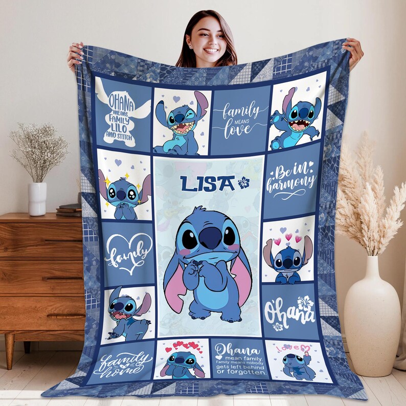 Personalized Stitch Blanket, Custome Lilo Stitch Blanket, Stitch Birthday Gifts Blanket, Angel Stitch Christmas Gifts For Boys Girls Blanket immagine 2