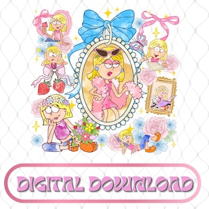 Op de afbeelding: Een digitale downloadafbeelding met een cartoonillustratie van een blonde vrouw in verschillende poses, omringd door bloemen en strikken. De centrale afbeelding is omlijst in een ovaal met een blauwe strik. De tekst "DIGITALE DOWNLOAD" staat onderaan.