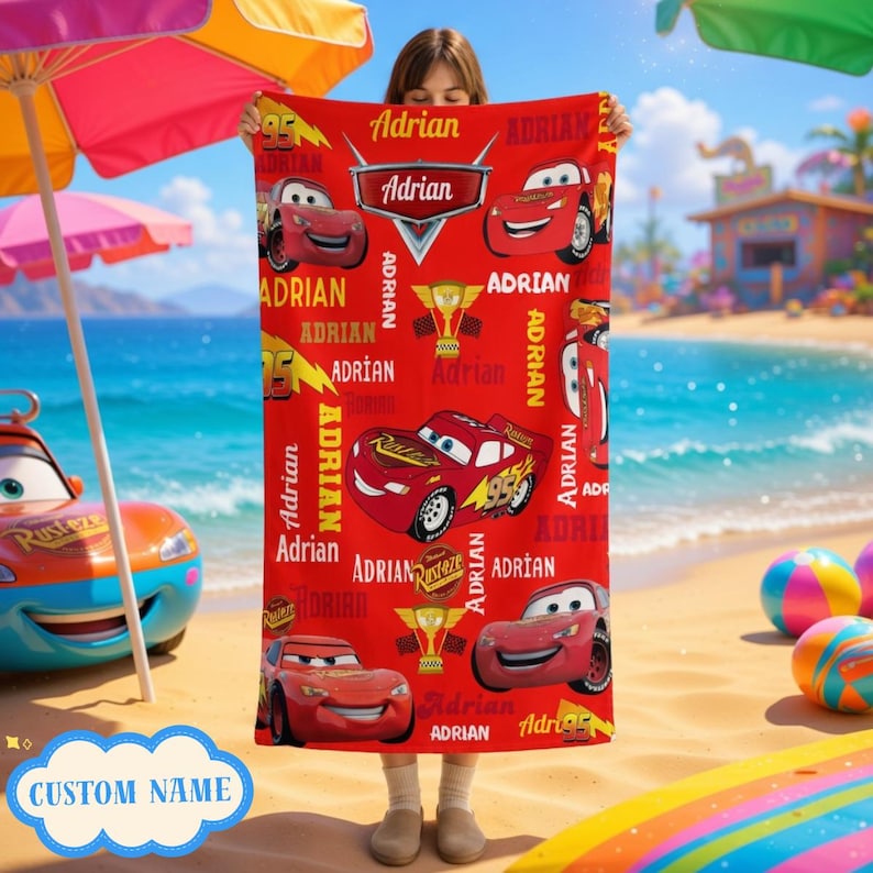 Disneyland Cars Lightning McQueen Beach Towel, Pixar Cars Beach Towel, Custom Name Family Vacation Towel, Disneyland Family Matching Towel image 1