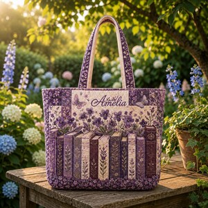 May include: A quilted tote bag featuring a purple floral pattern with a row of illustrated books at the base. The name Amelia is printed in script on the front. The bag has two matching fabric handles and a rectangular structure.