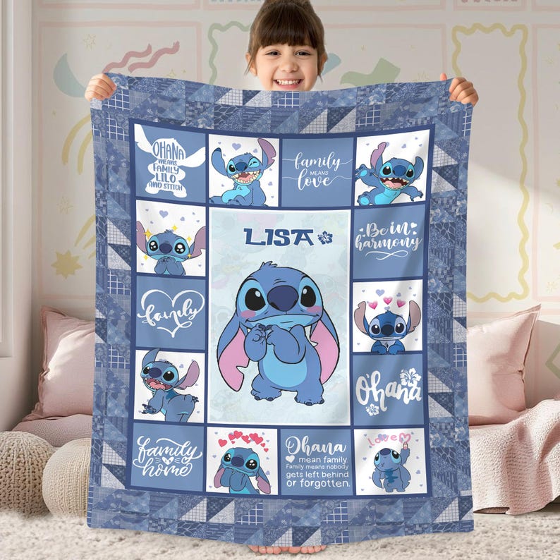 Personalized Stitch Blanket, Custome Lilo Stitch Blanket, Stitch Birthday Gifts Blanket, Angel Stitch Christmas Gifts For Boys Girls Blanket immagine 1