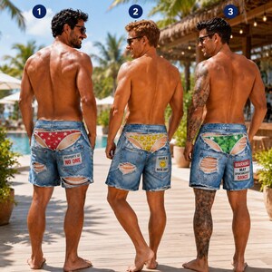 May include: Three pairs of blue denim shorts with distressed cutouts revealing patterned underwear. The first pair features red star-print fabric and a patch reading PROPERTY OF NO ONE. The second has yellow smiley faces and a HAVE A NICE DAY patch. The third shows green leaf-print fabric and a WARNING MAY SPONTANEOUSLY DANCE patch.