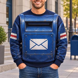 Puede incluir: Una sudadera azul oscuro de manga larga con un gráfico grande de un buzón azul desgastado en la parte delantera. El diseño incluye un icono de sobre blanco, una ranura horizontal y detalles de rayas rojas y blancas en las mangas.