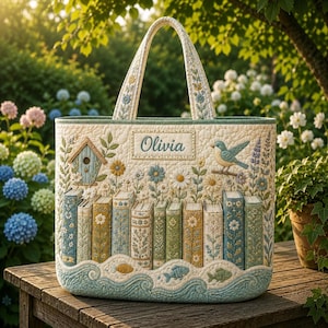 Pode incluir: Uma bolsa tote acolchoada com uma cena de jardim bordada, incluindo uma casa de pássaros, um pássaro azul e uma fileira de livros. O nome Olivia está bordado num emblema central. A base apresenta ondas e peixes bordados em tons de azul.