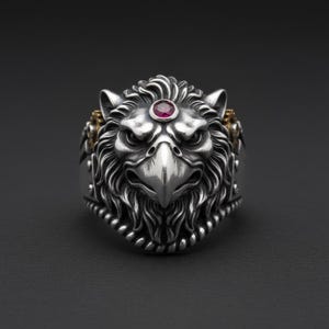 Steampunk Griffin Gryphon Ring Sterling Silver Signet, Ruby Red Fantasy Medieval Armor Mens Jewelry