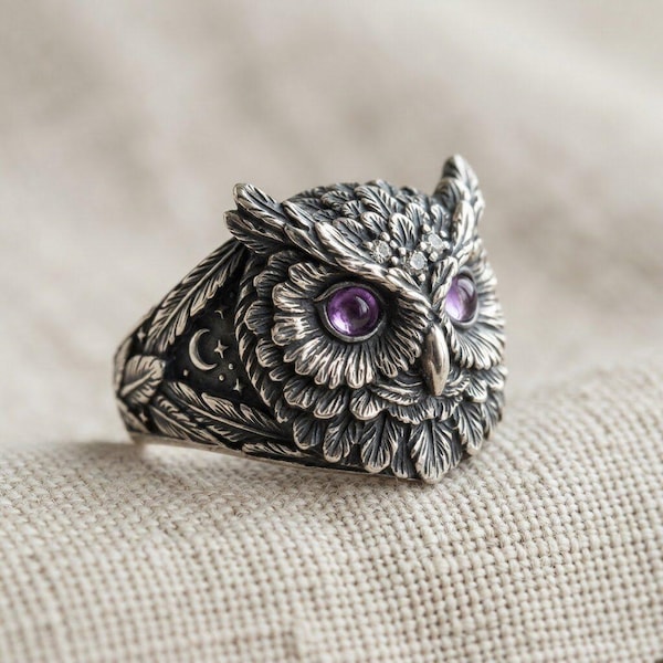 Owl Statement Ring Silver Purple Stone Art Nouveau Animal Band