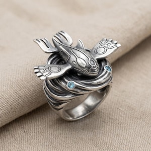 Avant Garde Frog Ring Silver Blue Stone Fantasy Sci Fi Statement Band inspired by Kyogre