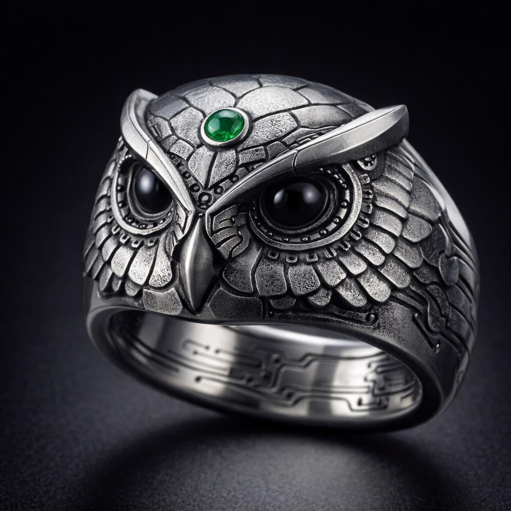Mechanical Owl Ring 925 Sterling Silver, Emerald Green Cabochon, Cyberpunk Owl Head Statement Band