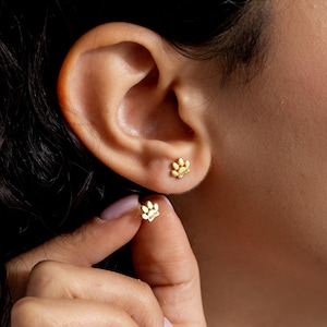 May include: Gold-colored paw print stud earrings. One earring is in focus, held by a hand, while the other is in the ear. The earrings have the names "Mocha" and "Pepper" engraved on them.