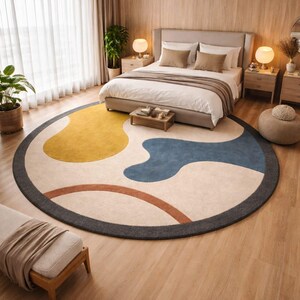 May include: A circular rug with an abstract design. The rug has a cream base with yellow, blue, and orange shapes. A dark grey border frames the design. The rug is placed in a bedroom setting.