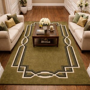 May include: A large rectangular area rug featuring an olive green base with a geometric border pattern in cream, dark gray, and black. The design consists of interlocking lines and circular shapes that frame the center of the floor covering.