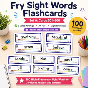 Fry Sight Words Flashcards Set 6 (501-600) | ESL Homeschool Reading (Digital Download)