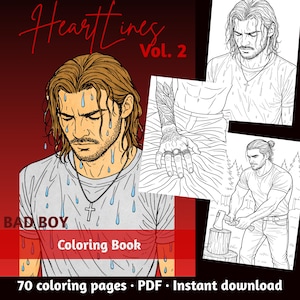 Peut inclure: Un livre de coloriage numérique intitulé Heartlines Vol. 2 Bad Boy Coloring Book contenant 70 pages à colorier. La couverture montre un homme aux cheveux longs avec un collier croix sous la pluie, avec des illustrations en noir et blanc.