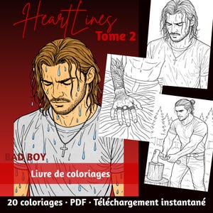 Peut inclure: Un livre de coloriage numérique intitulé Heartlines Tome 2 présentant des illustrations d'un homme aux cheveux longs avec un collier croix. La couverture affiche un portrait coloré avec des gouttes d'eau et des pages en noir et blanc.