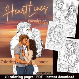 Peut inclure: Un livre de coloriage numérique intitulé Heartlines Vol. 1 Enemies or Lovers contenant 70 pages d'illustrations romantiques. La couverture montre un couple qui s'embrasse sur un fond de coucher de soleil, avec des exemples de dessins au trait.