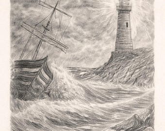 Dibujo original de grafito de un faro: espectacular paisaje náutico