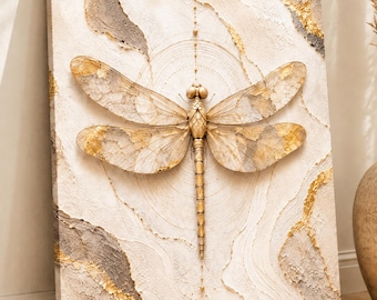 Neutral Dragonfly Canvas Wall Art, Beige Gold Abstract Dragonfly Print Wall Decor, Modern Boho Japandi Canvas Art