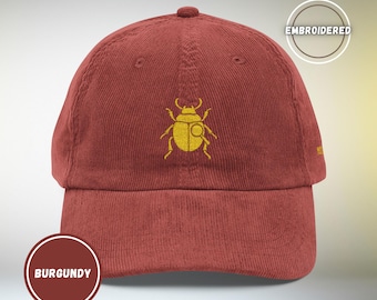 Vintage Corduroy Cap with Gold Beetle Embroidery Retro Bug Design, Cool Streetwear Golden Insect Aesthetic Cap