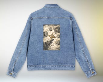 Men Denim Jacket Spinning Top Vault Surreal Graphic Art | Abstract Tee Philosophy Design Retro Style Streetwear