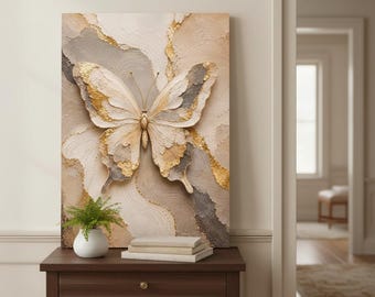 Neutral Butterfly Canvas Wall Art, Beige Gold Abstract Butterfly Print Wall Decor, Modern Boho Japandi Canvas Art
