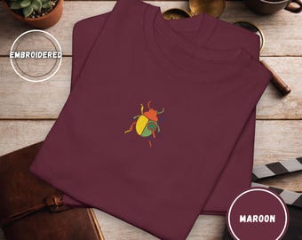 Embroidered Minimal Beetle T-Shirt | Unisex Tee Small Chest Color Block Embroidery | Aesthetic Insect Graphic Shirt