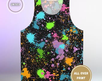 Unisex Tank Top Neon Paint Splatter | Colourful Graphic Top Festival Rave Streetwear Gym Wear