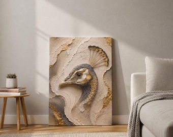 Elegant Peacock Canvas Wall Art Neutral Beige Gold Abstract Bird Decor Matte