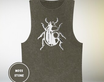 Beetle Graphic Tank Top | Not a Morning Species | Unisex Stonewash Sleeveless Shirt | Minimal Streetwear Festival Top