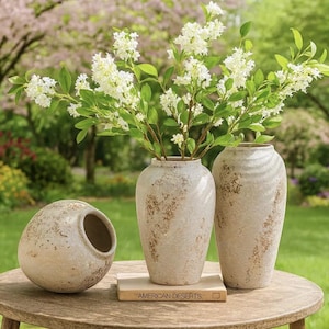 Puede incluir: Tres jarrones de cerámica beige de diferentes formas, uno redondo y dos altos, están sobre una mesa de madera. Los jarrones tienen un acabado envejecido y contienen ramas florales blancas. Un libro con el texto "AMERICAN DESERTS" es visible.