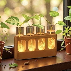 LED houten plantenkweekstation warmlicht glazen vaas | Modern woondecoratie | Cadeau voor plantenliefhebber