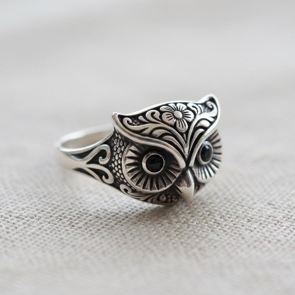 Oxidized Sterling Silver Owl Ring &ndash; Floral Engraved, Black Onyx Eyes